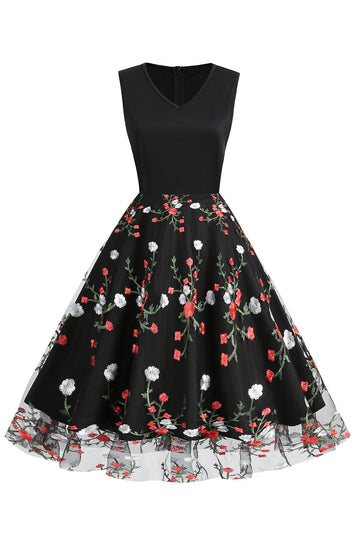 Vestido Negro Vintage de 1950 Con Bordado